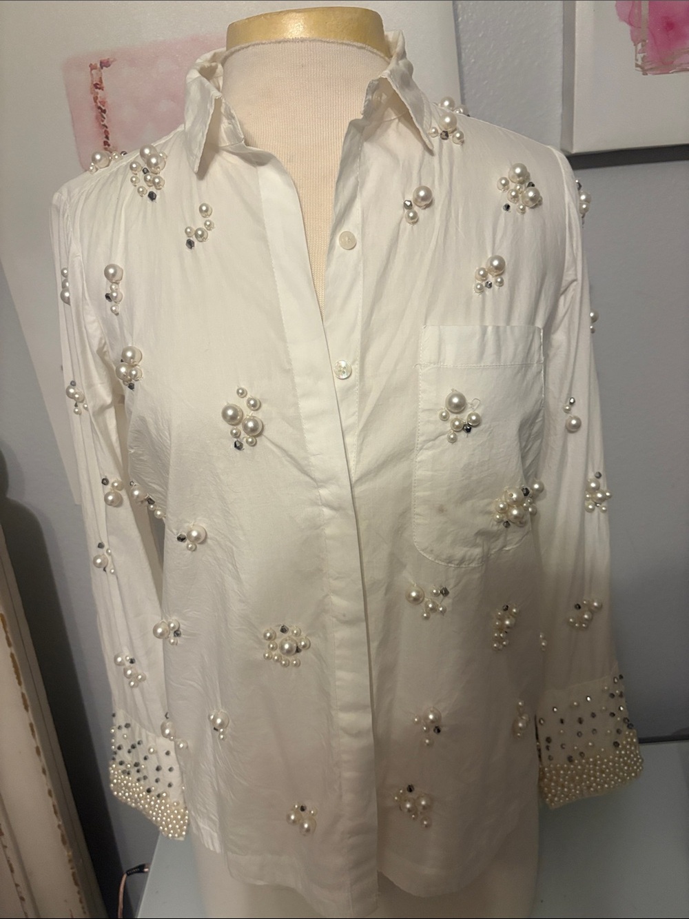 Maeve Cream Pearl-Embellished Button-Down Shirt